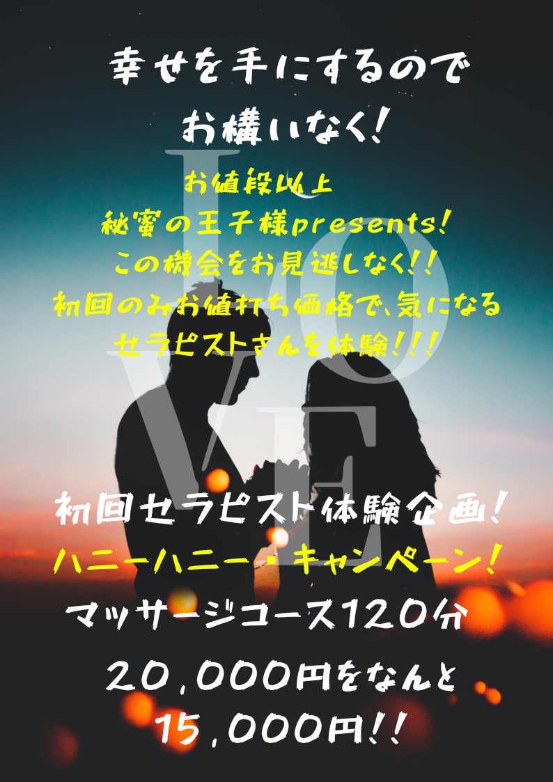 ハニーハニーキャンペーン 名古屋の女性風俗・女性向け風俗・秘密の王子様プレゼツハニーハニーキャンペーンです。 愛知•富山•三重•静岡•浜松•福井•金沢•女風性感マッサージ、女性専用として萬天サポート高級出張サービスです。添い寝・イチャイチャ・彼氏・イケメンがあなたをエッチに癒します。